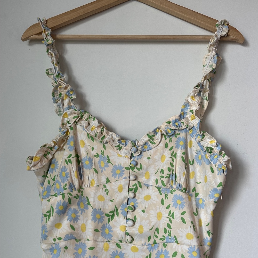 Satin-like Sundress with Blue and Yellow Flowers - Picture 2 of 4